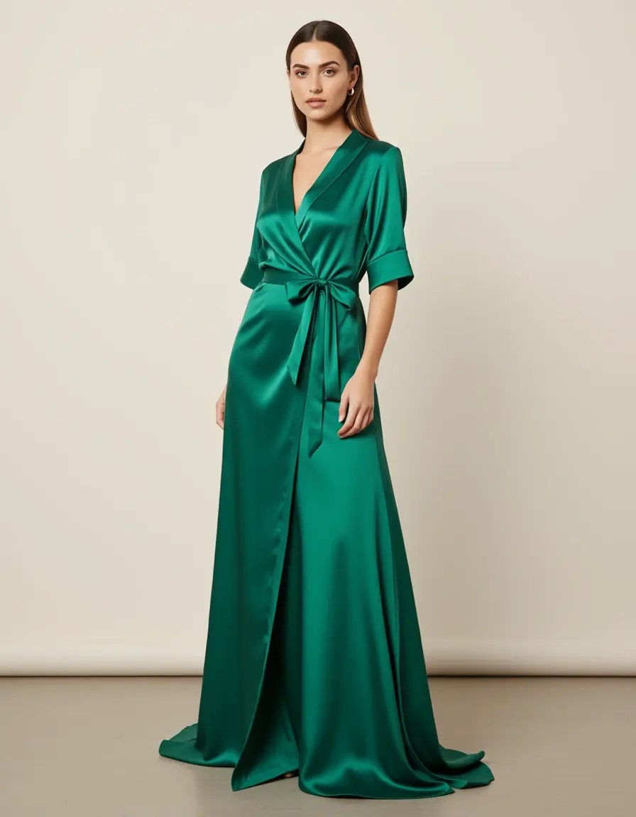 Vestido satinado cruzado verde esmeralda
