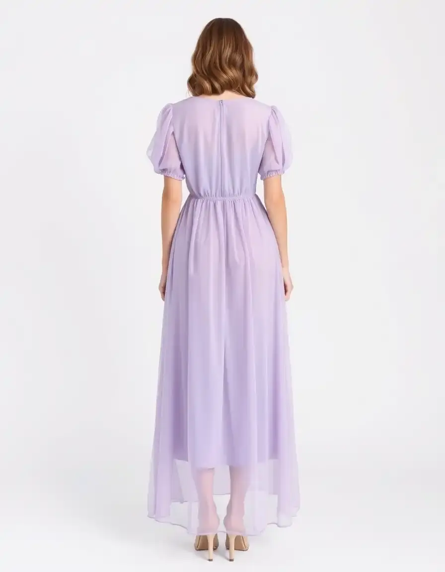 Vestido línea A de gasa color lavanda