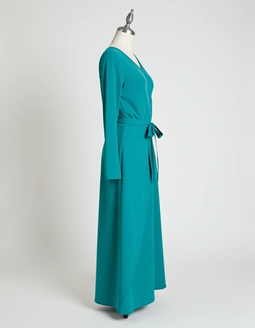 Vestido largo cruzado en color teal sobre maniquí