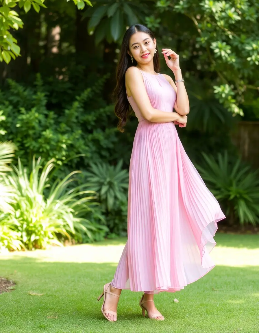 Vestido de gasa plisada en color rosa sobre modelo