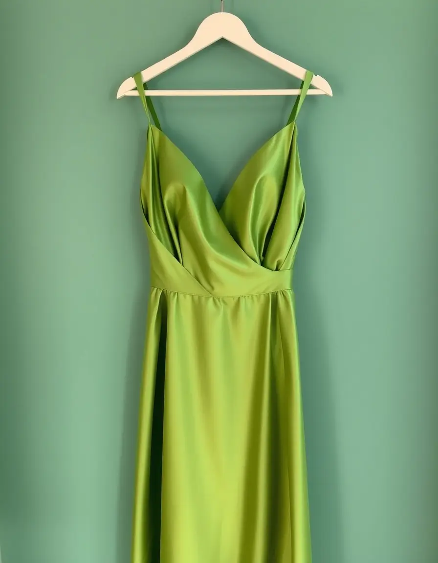 Vestido midi de satén verde colgado en percha