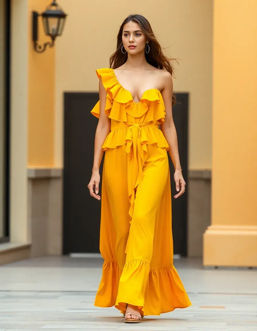 Vestido con detalles de volantes en amarillo sobre modelo caminando