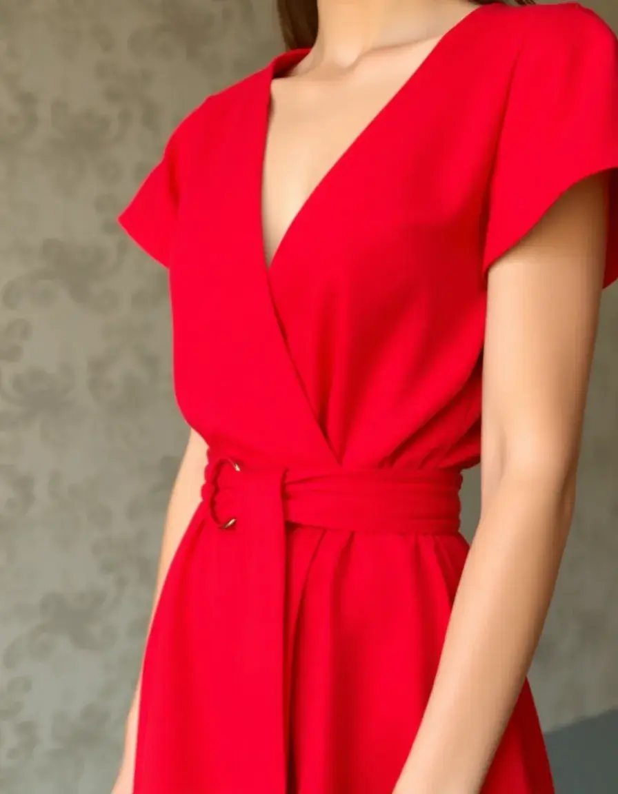 Vestido de corte en A con cinturón en color rojo, detalle de cerca