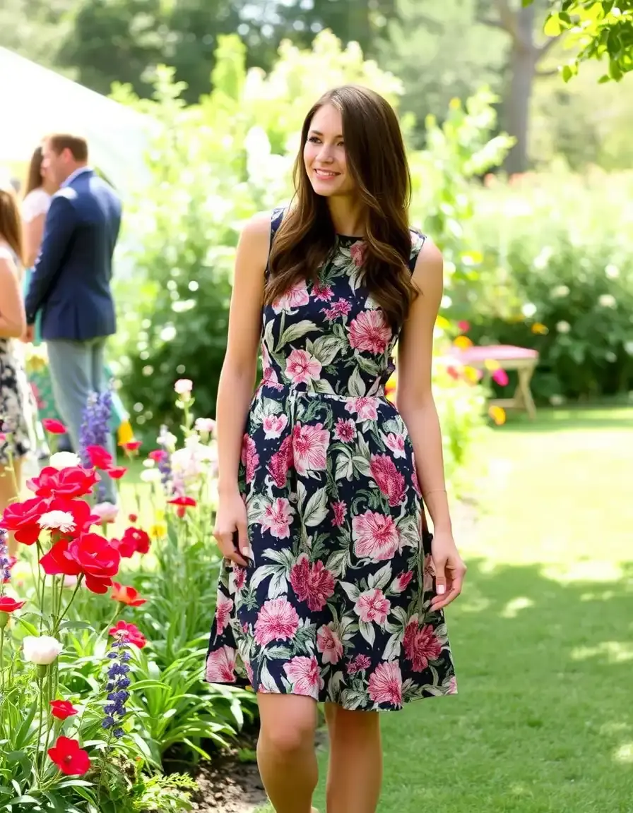 Vestido floral para madrina en evento de jardín