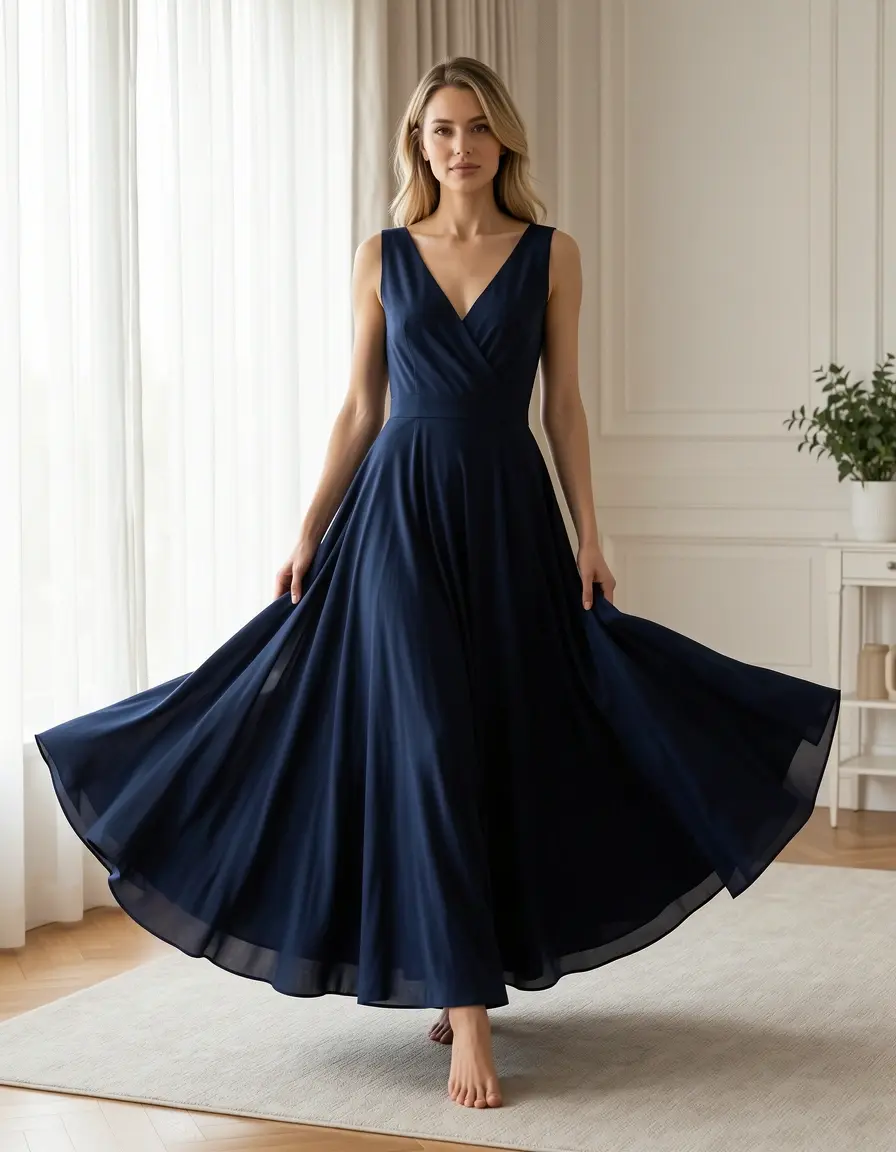Elegante vestido maxi azul marino fluido