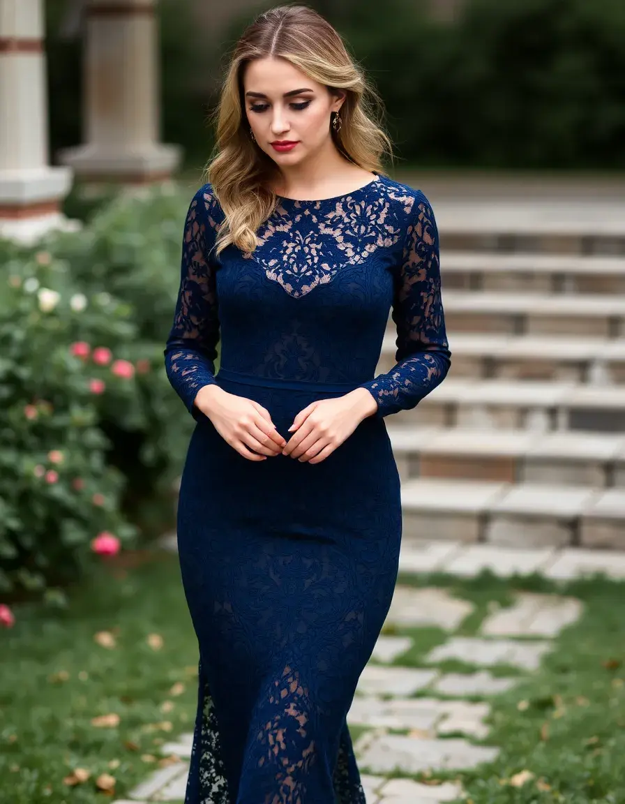 Vestido de encaje azul marino romántico