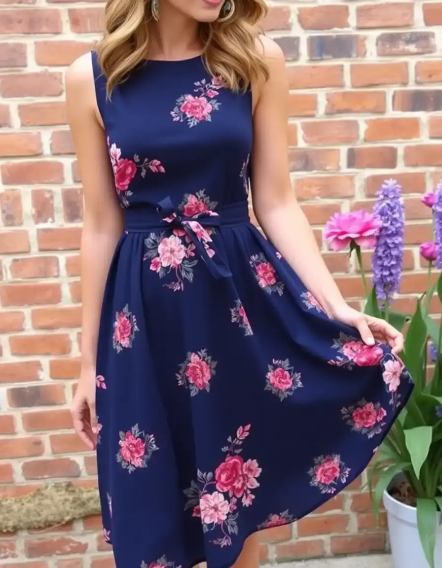 Vestido azul marino con estampado floral sutil
