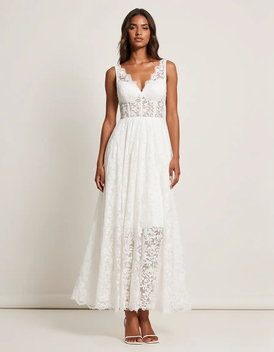 Vestido midi blanco de encaje elegante