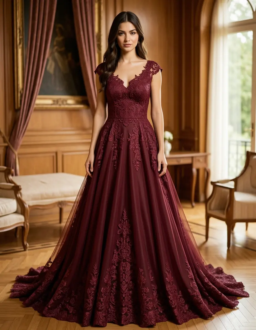 Vestido de encaje burdeos romántico