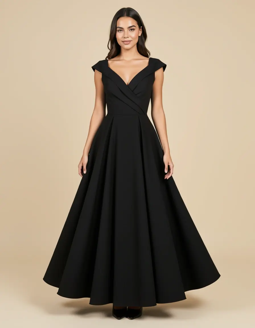Vestido coctel negro clásico con vuelo