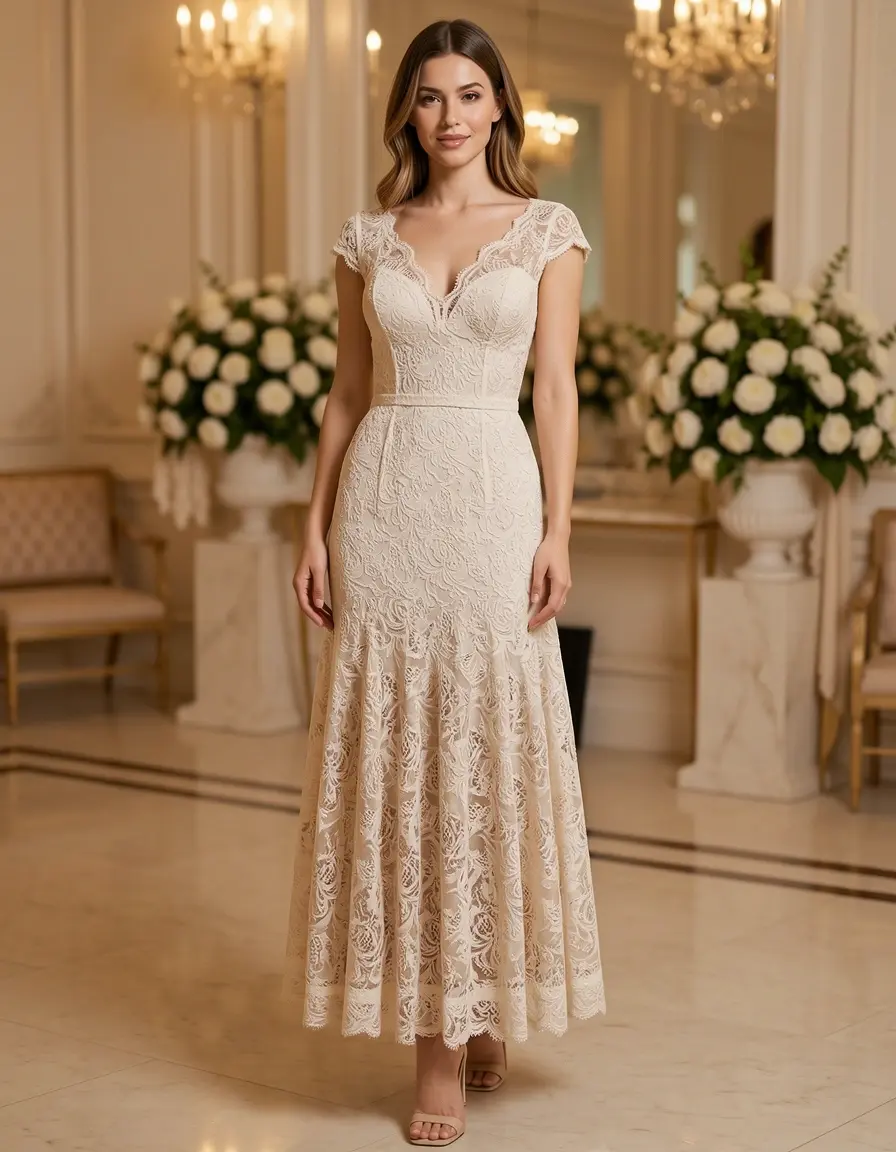Vestido de coctel de encaje elegante largo midi