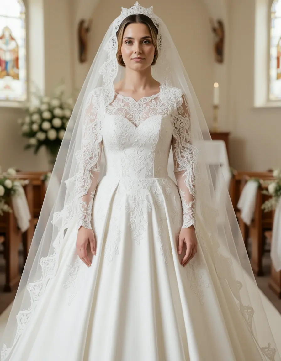 White Communion Dress con velo tradicional