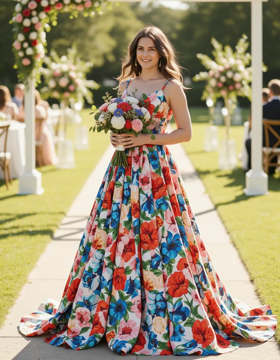 Vestido de invitada de boda floral vibrante