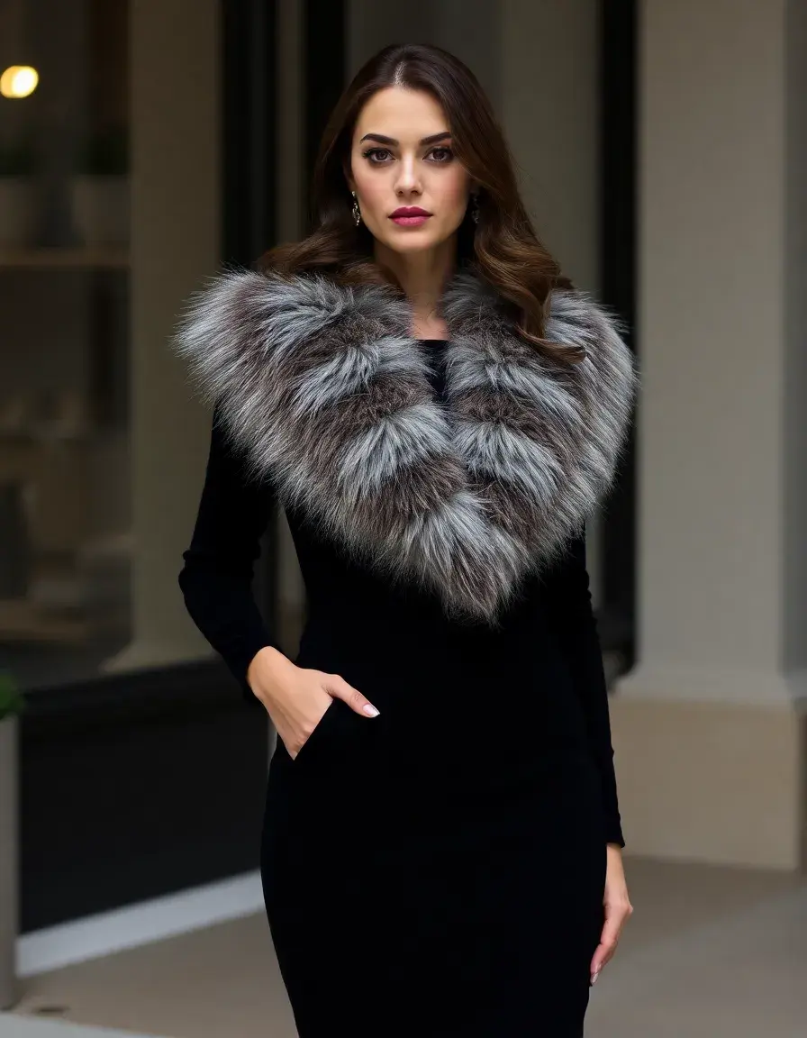 Vestido elegante con detalles de pelo sintético
