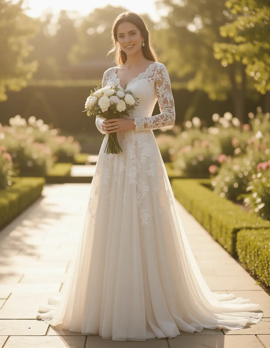 Vestido invitada manga larga encaje elegante