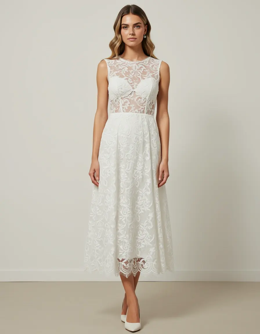 Vestido blanco elegante de encaje tipo midi