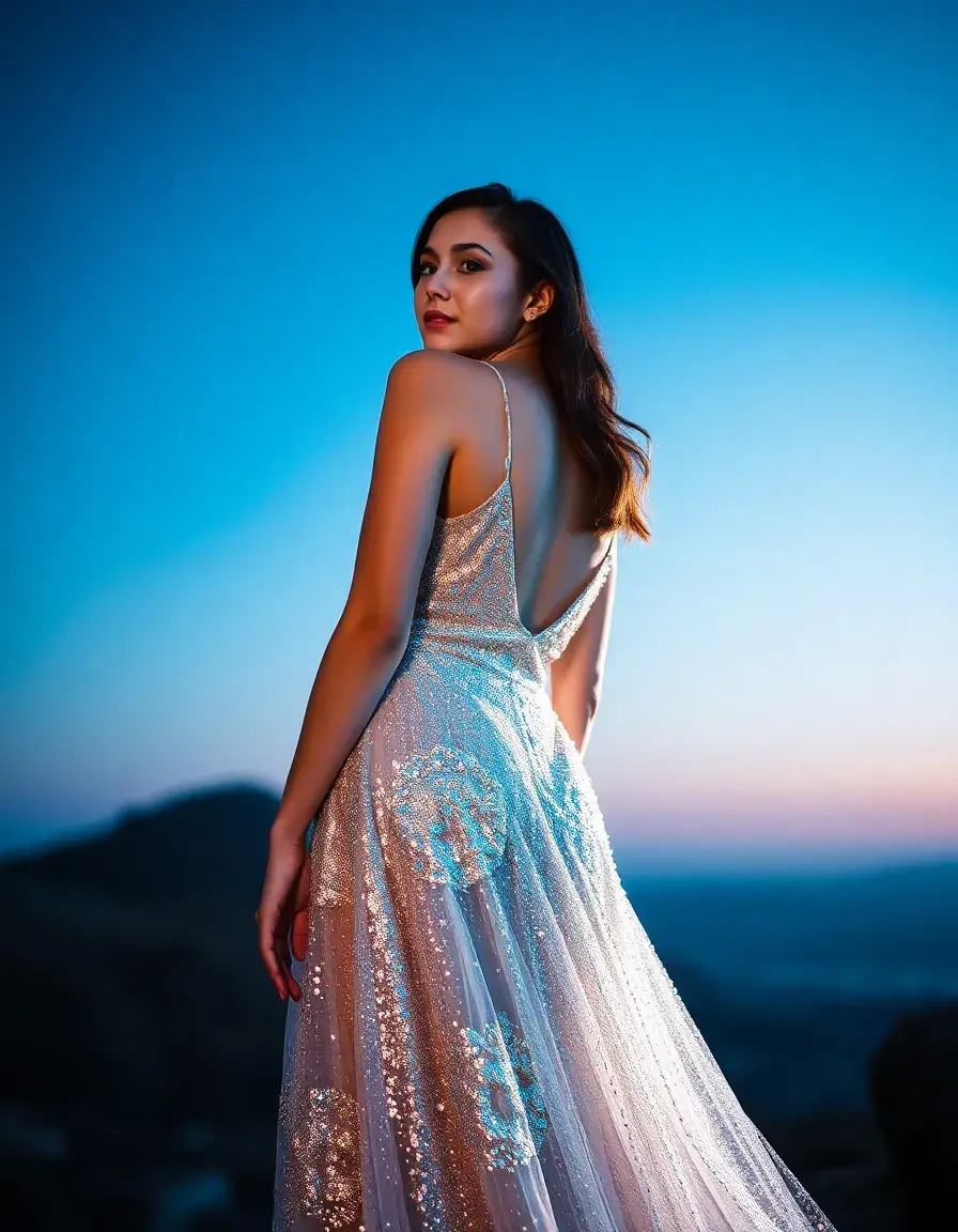 Metallic Fin Año Dress con acabado brillante plateado