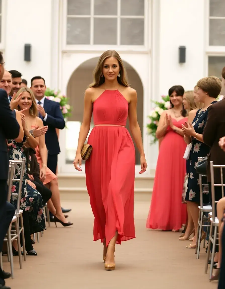 Wedding guest pleated in coral