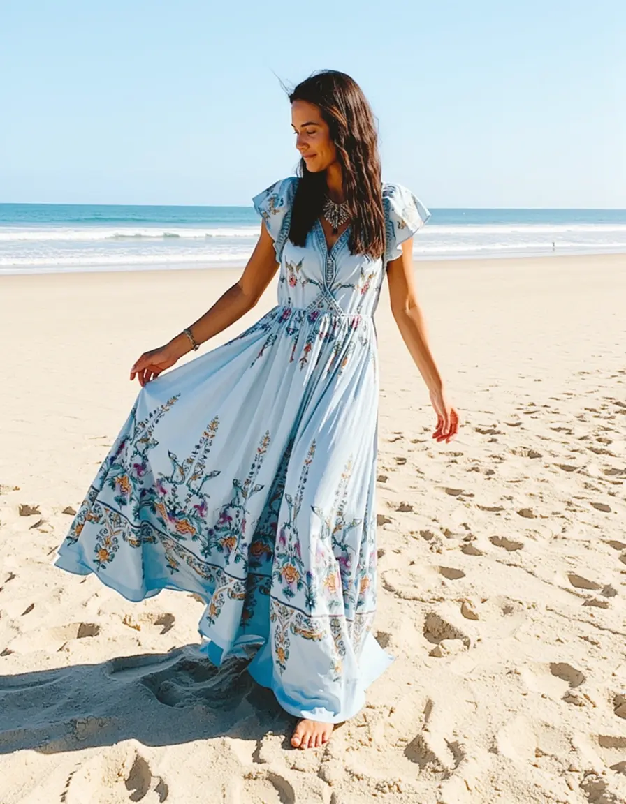 Vestido playero mujer largo estilo boho azul floral