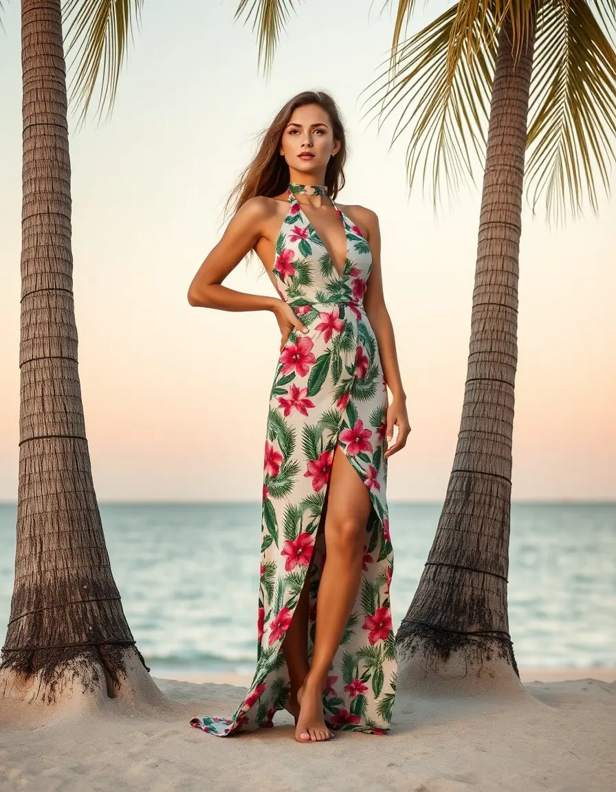 Vestido playero mujer cuello halter estampado tropical