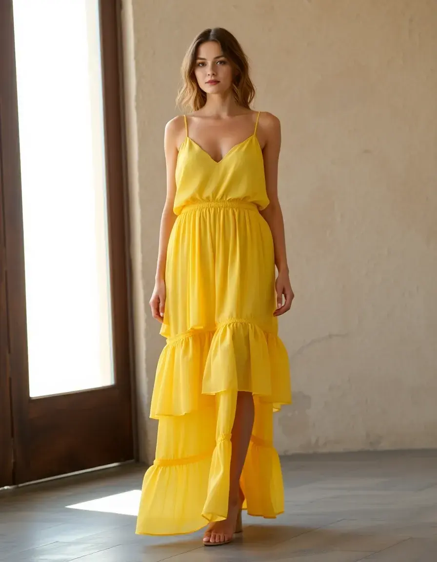 Vestido playero mujer amarillo chifón capas