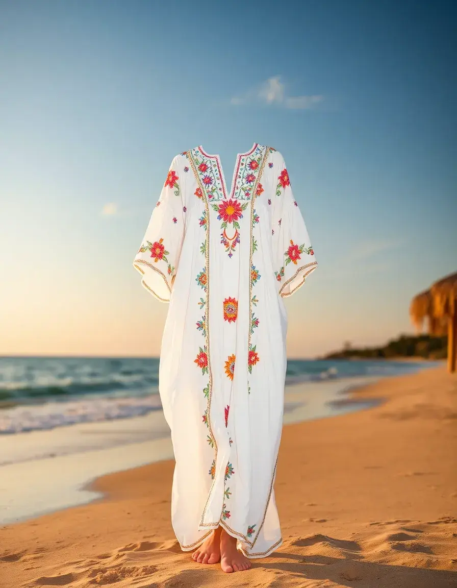 Caftán playero mujer blanco bordado colorido