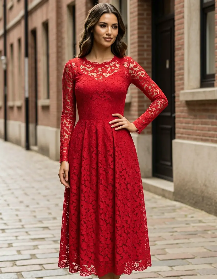Red Lace Midi Dress - Vestido rojo de encaje elegante