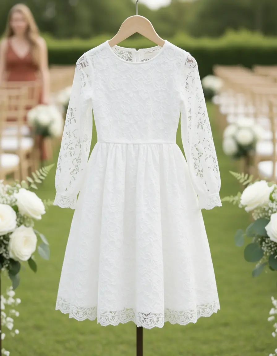 White Lace Baptism Dress con mangas largas