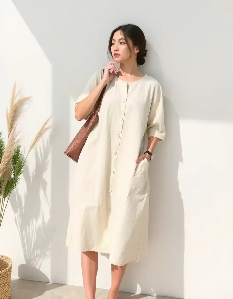 Linen shift dress casual beige