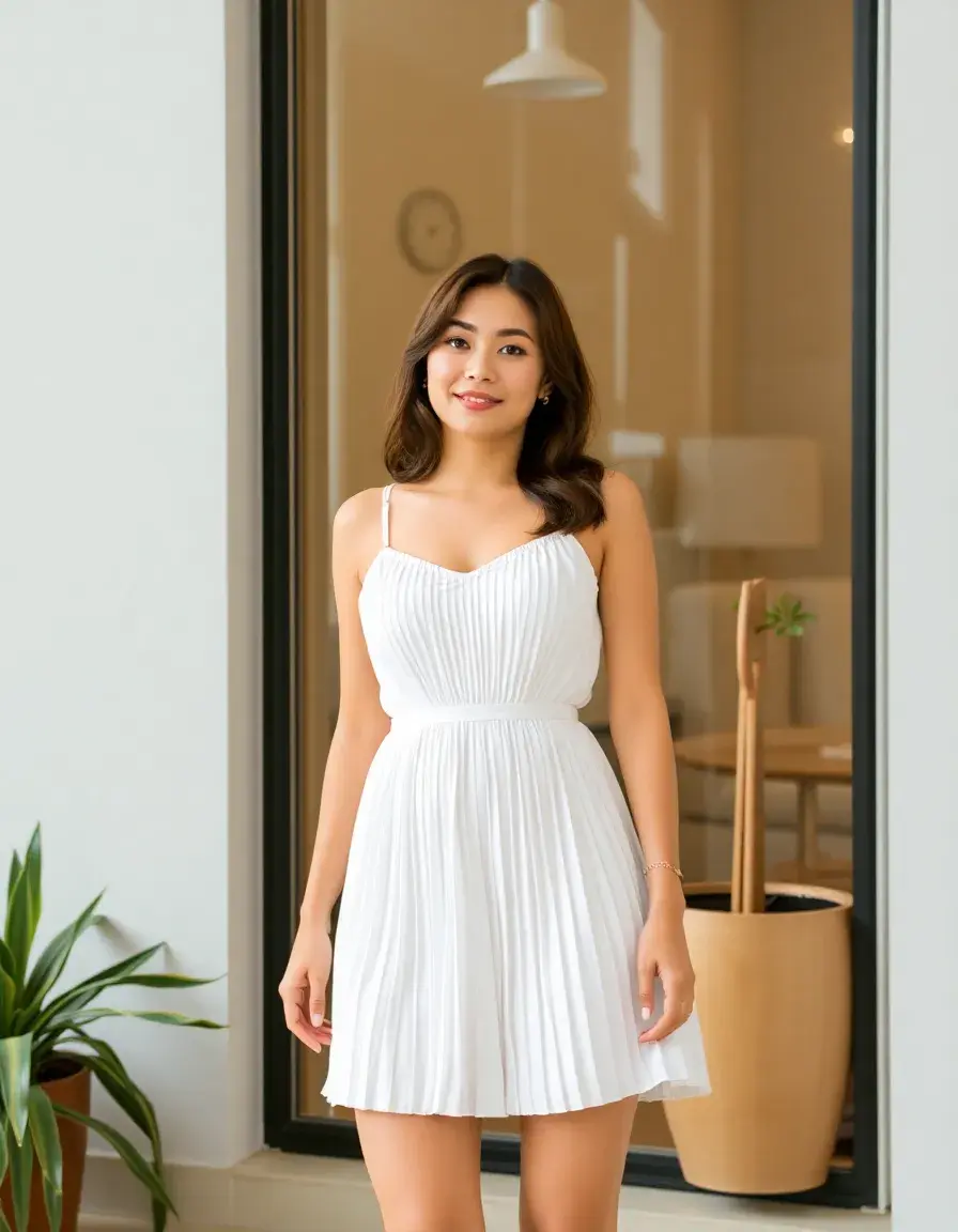 Vestido blanco corto plisado diseño moderno