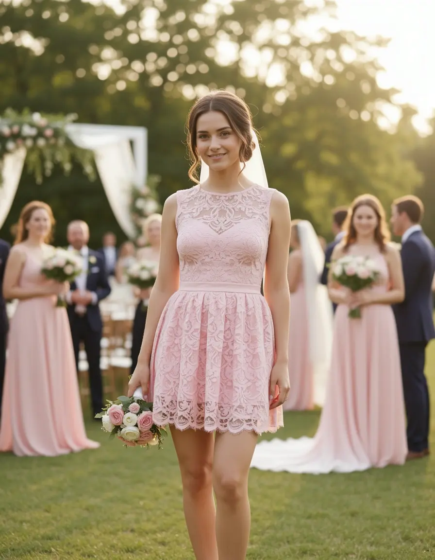 Vestido corto invitada boda encaje rosa