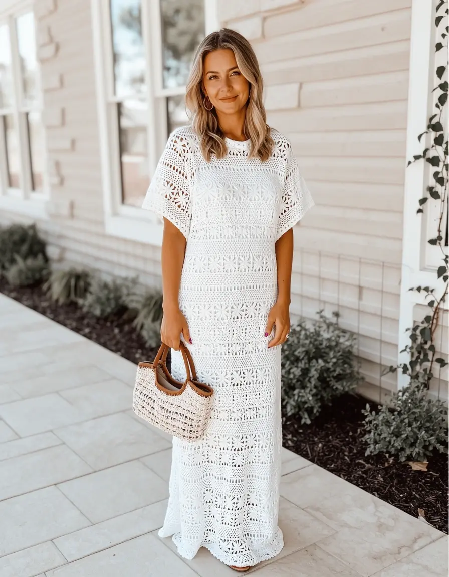 Vestido maxi crochet blanco estilo boho