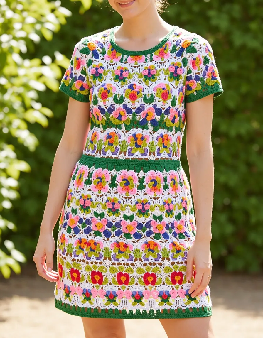 Vestido crochet con flores de colores
