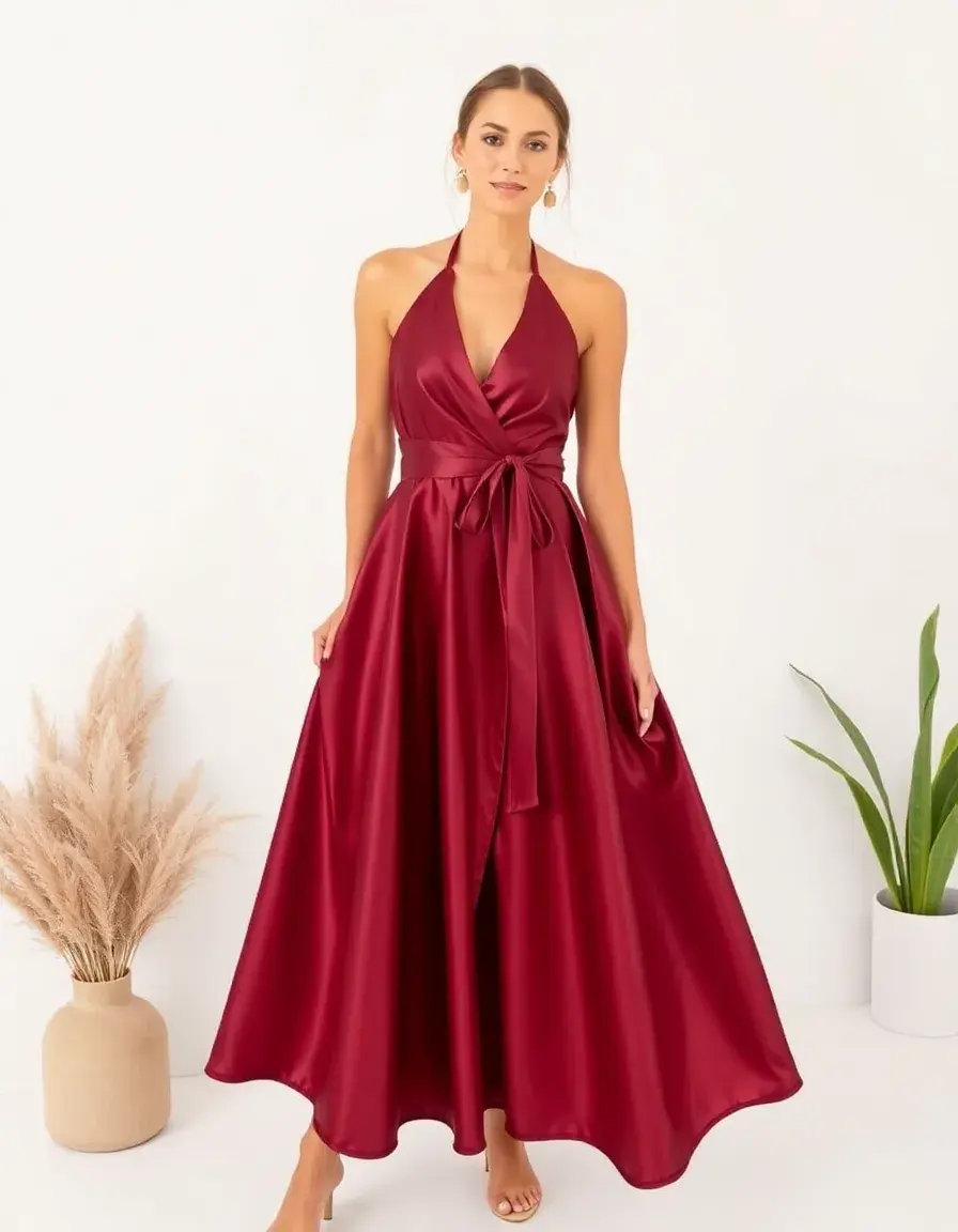 Halter wrap dress satén