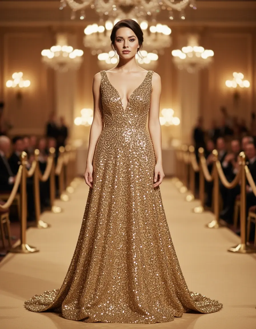 Sequin gala gown in gold long