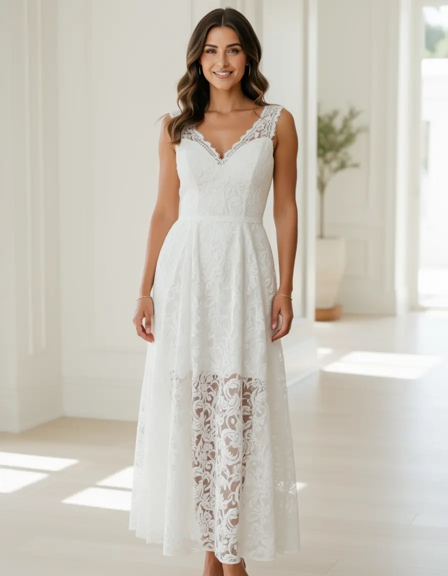 Lace Elegant Midi White Dress