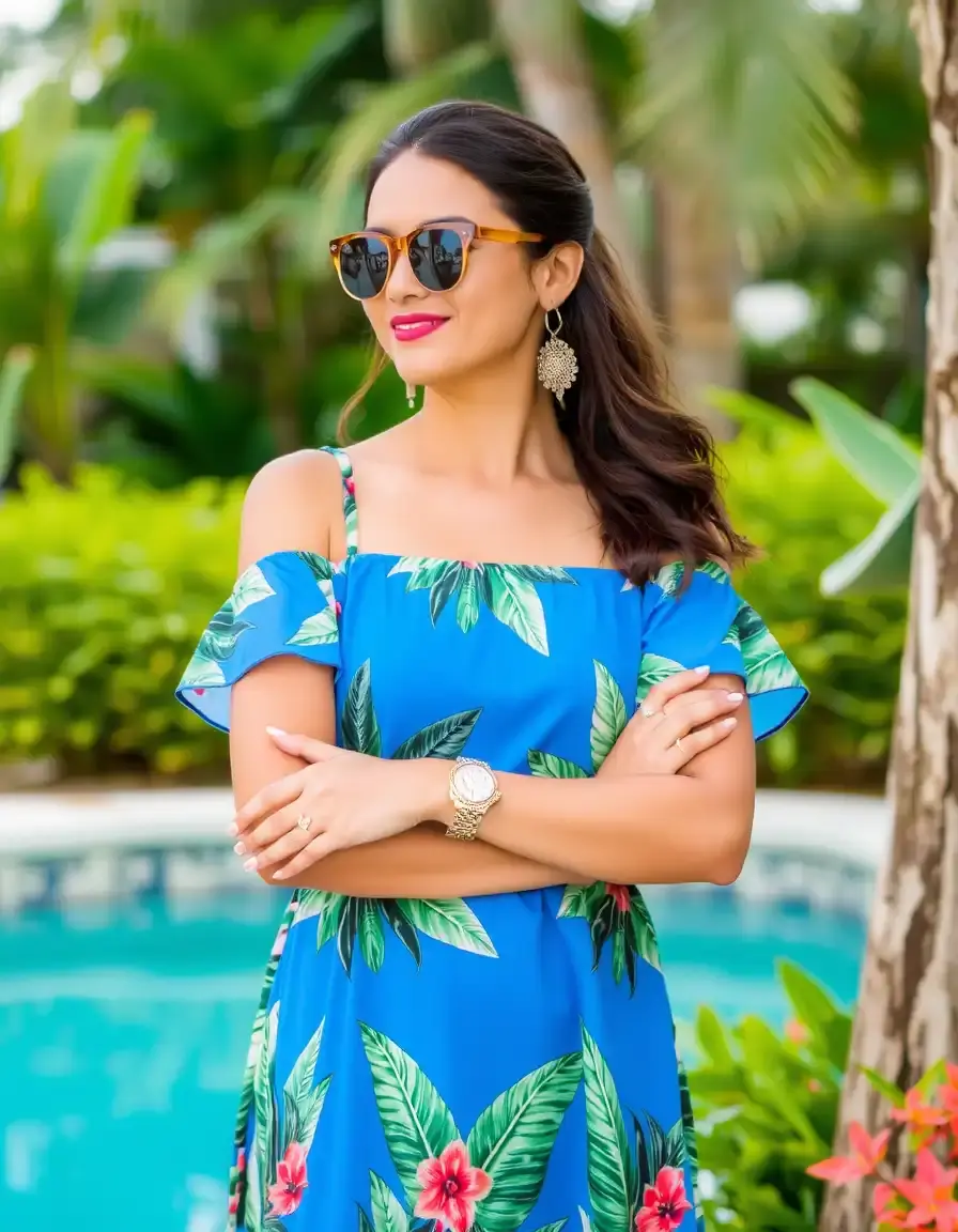 Tropical printed dress con hojas de palma