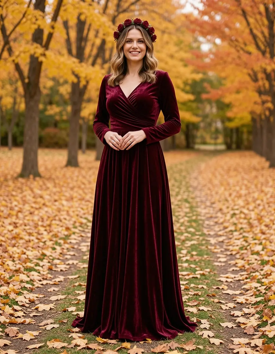 Vestido de terciopelo burdeos para invitada de otoño