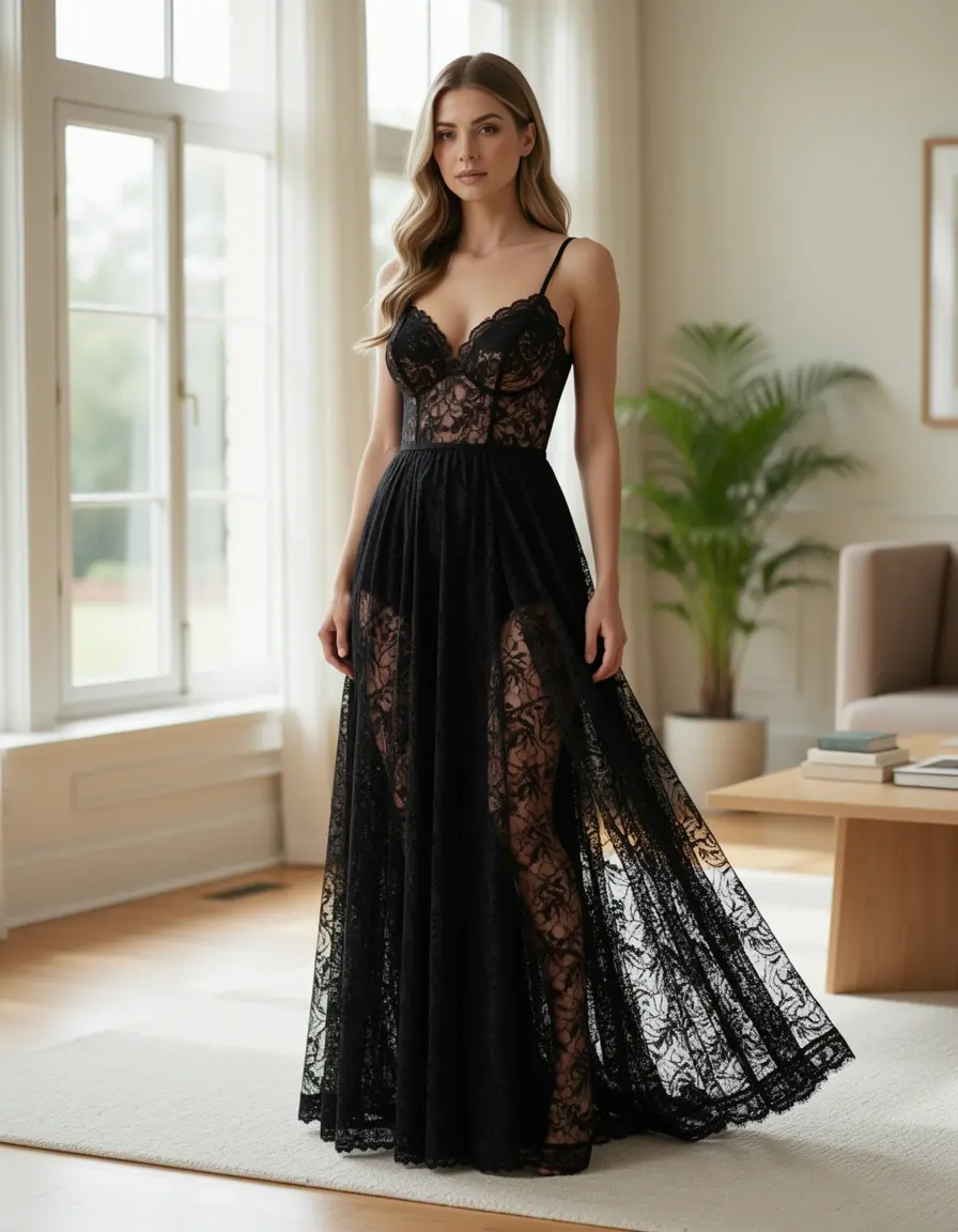 Vestido negro largo de encaje elegante