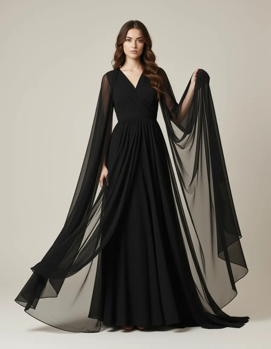 Vestido negro largo de gasa fluido