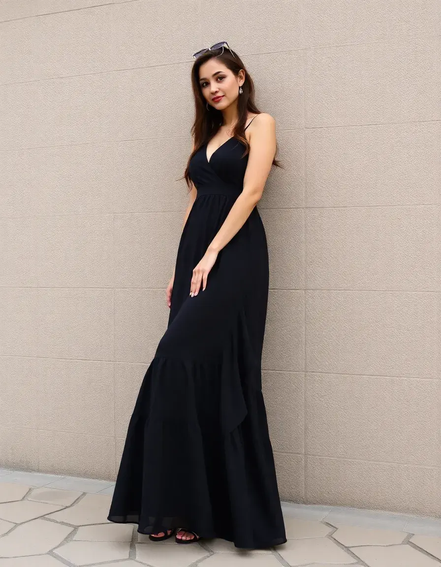 Vestido negro largo con volantes