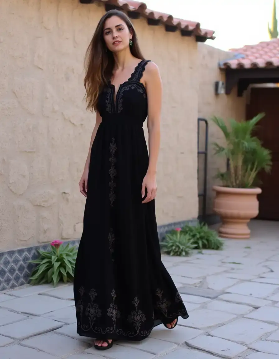 Vestido negro largo bordado