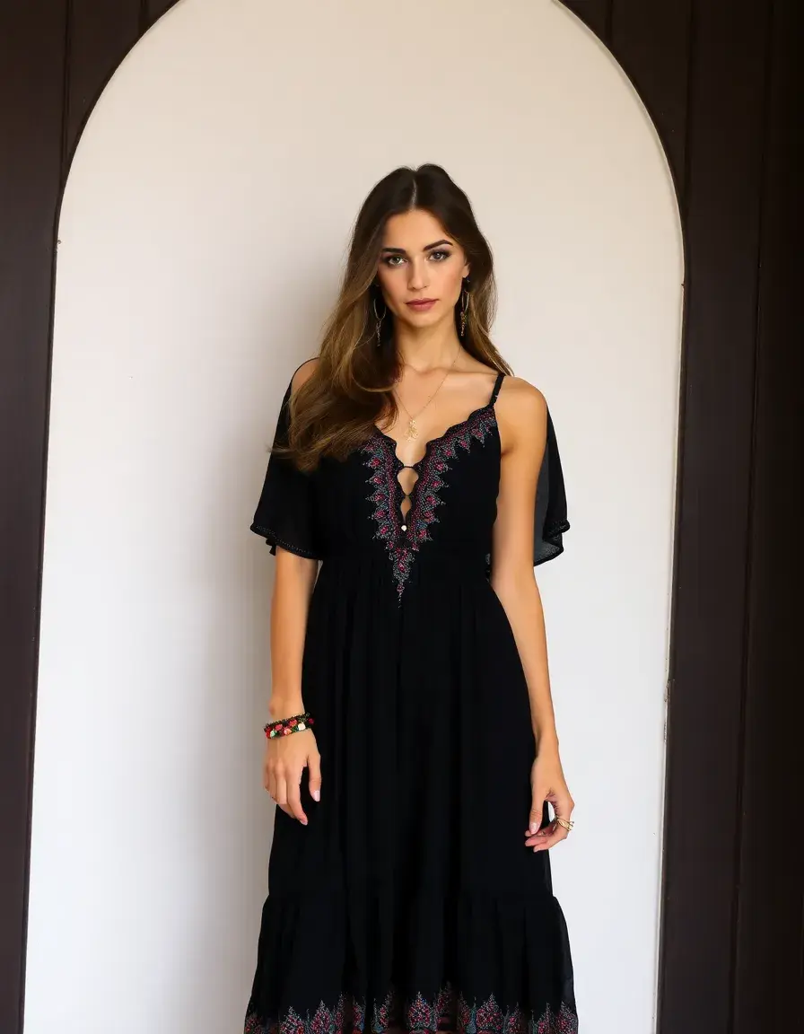 Vestido negro mujer estilo boho midi