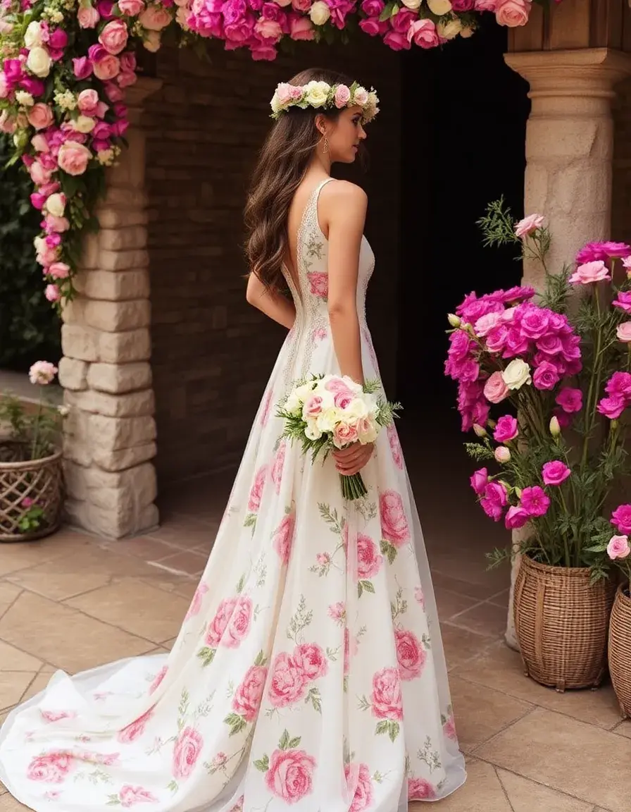 Vestido de novia con motivos florales bohemios