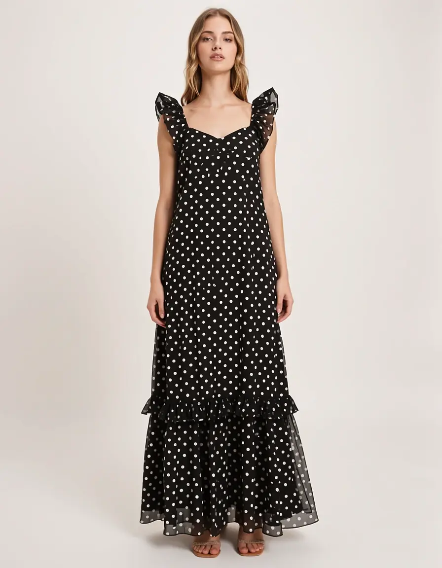 Polka Dot Ruffle Dress en negro clásico