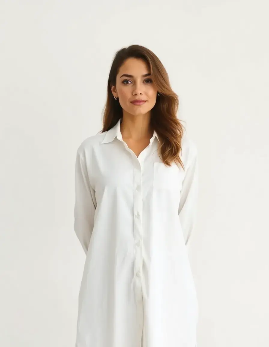 Vestido camisero de algodón blanco frente fondo blanco