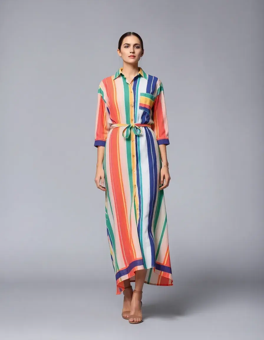 Vestido camisero a rayas multicolor en modelo