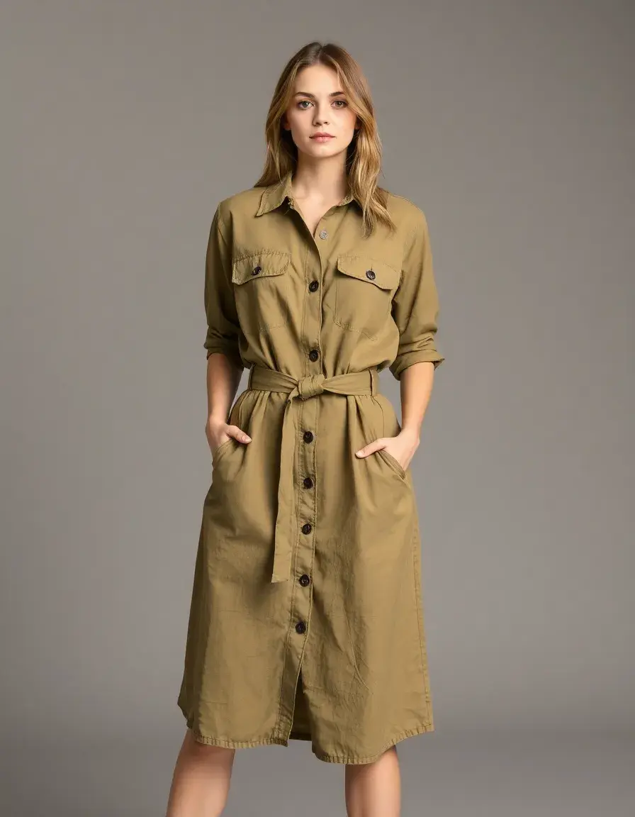 Vestido camisero khaki con cinturón