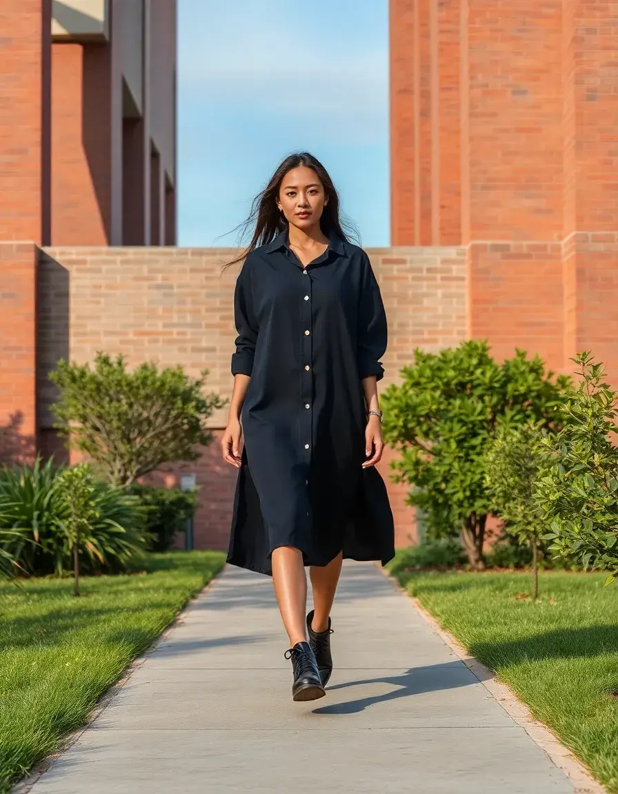 Vestido camisero negro oversized modelo caminando