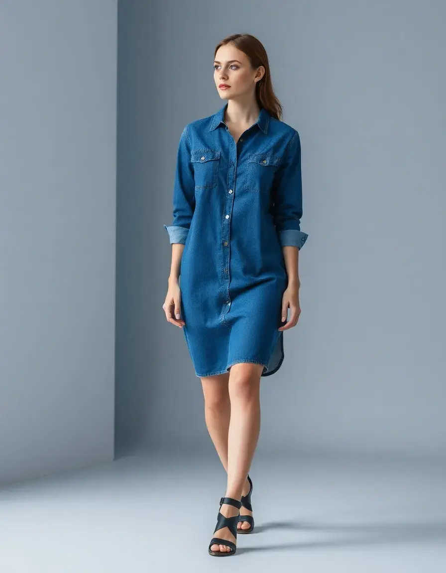 Denim Shirt Dress azul modelo caminando